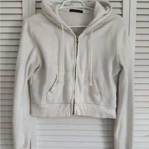 Brandy Melville Cropped White Zip-Up Hoodie
